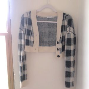 Fluffy black and white plaid jacket